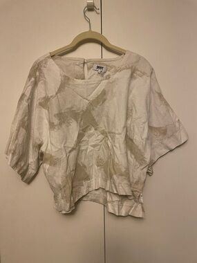 DKNY Cream and Beige Abstract Short Sleeve Blouse linen